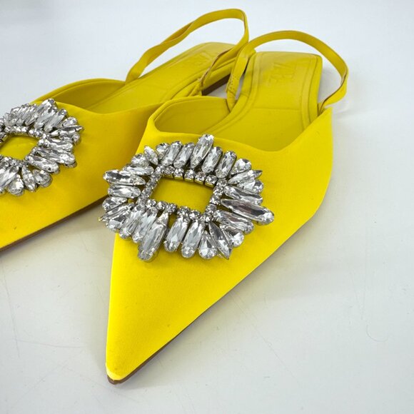 Zara Pointy Toe Slingback Flats with Rhinestone Embellishment Yellow 39 US 8 - Picture 5 of 9